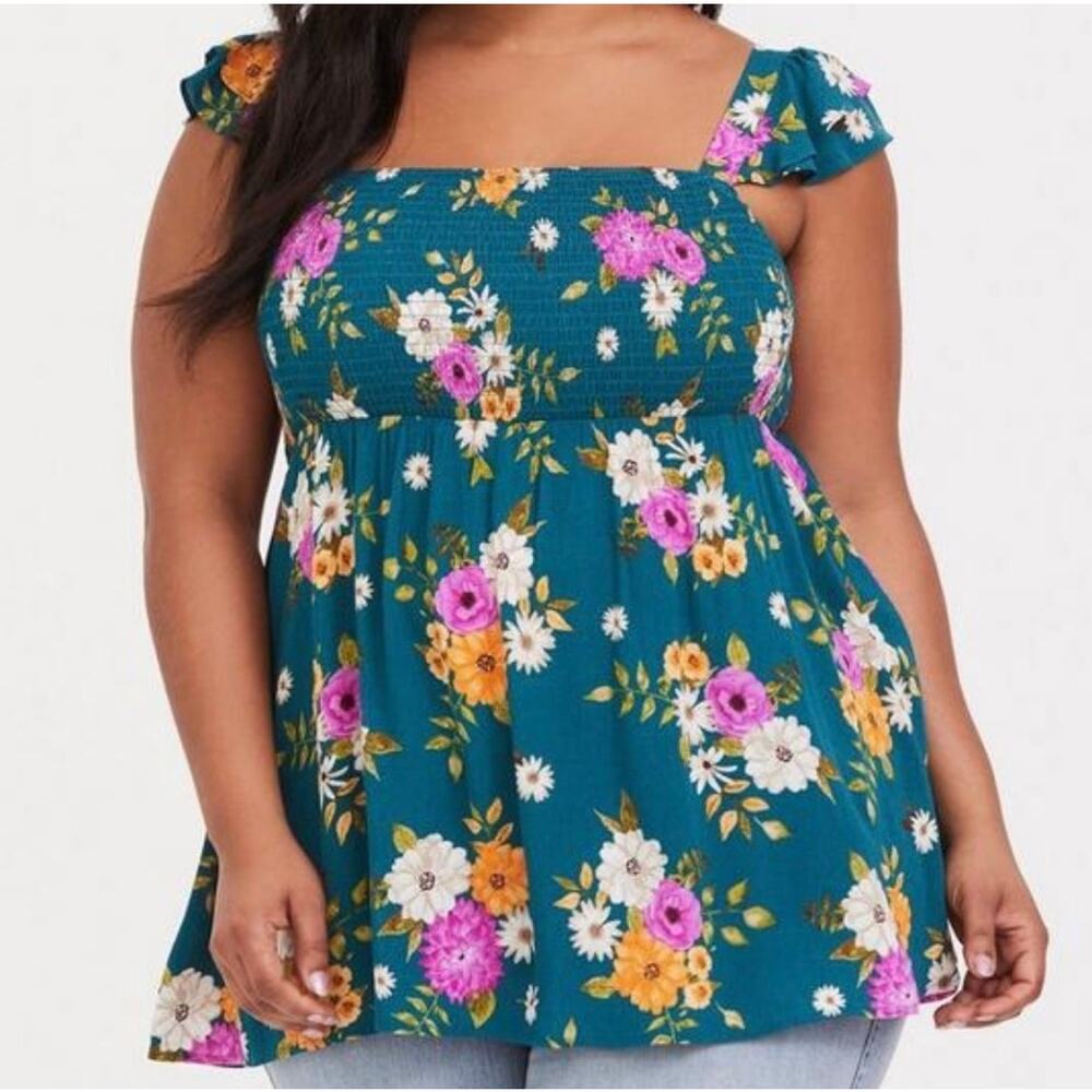 TORRID Babydoll Gauze Smocked Top Women's Plus Size 2 Sleeveless 2X Ruffle Shldr